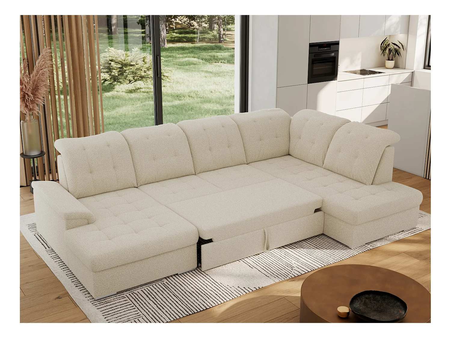 Ecksofa MADRITO U - mit verstellbarer Rückenlehne, Armlehne, L-förmige Ecke, Bettkasten - Beige Boucle - Ecke Rechts