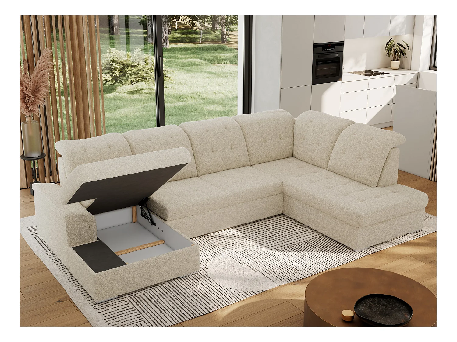 Ecksofa MADRITO U - mit verstellbarer Rückenlehne, Armlehne, L-förmige Ecke, Bettkasten - Beige Boucle - Ecke Rechts