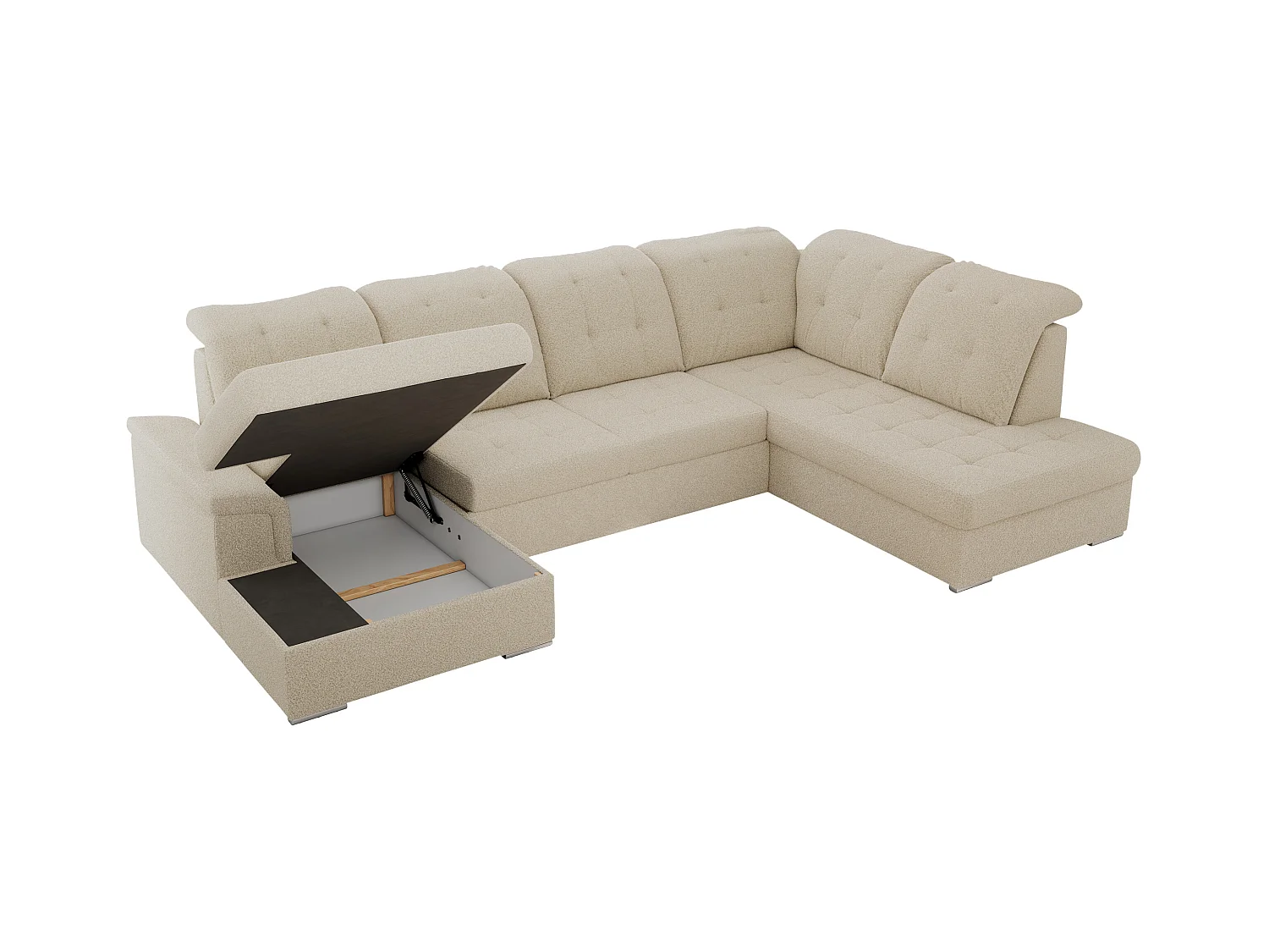 Ecksofa MADRITO U - mit verstellbarer Rückenlehne, Armlehne, L-förmige Ecke, Bettkasten - Beige Boucle - Ecke Rechts