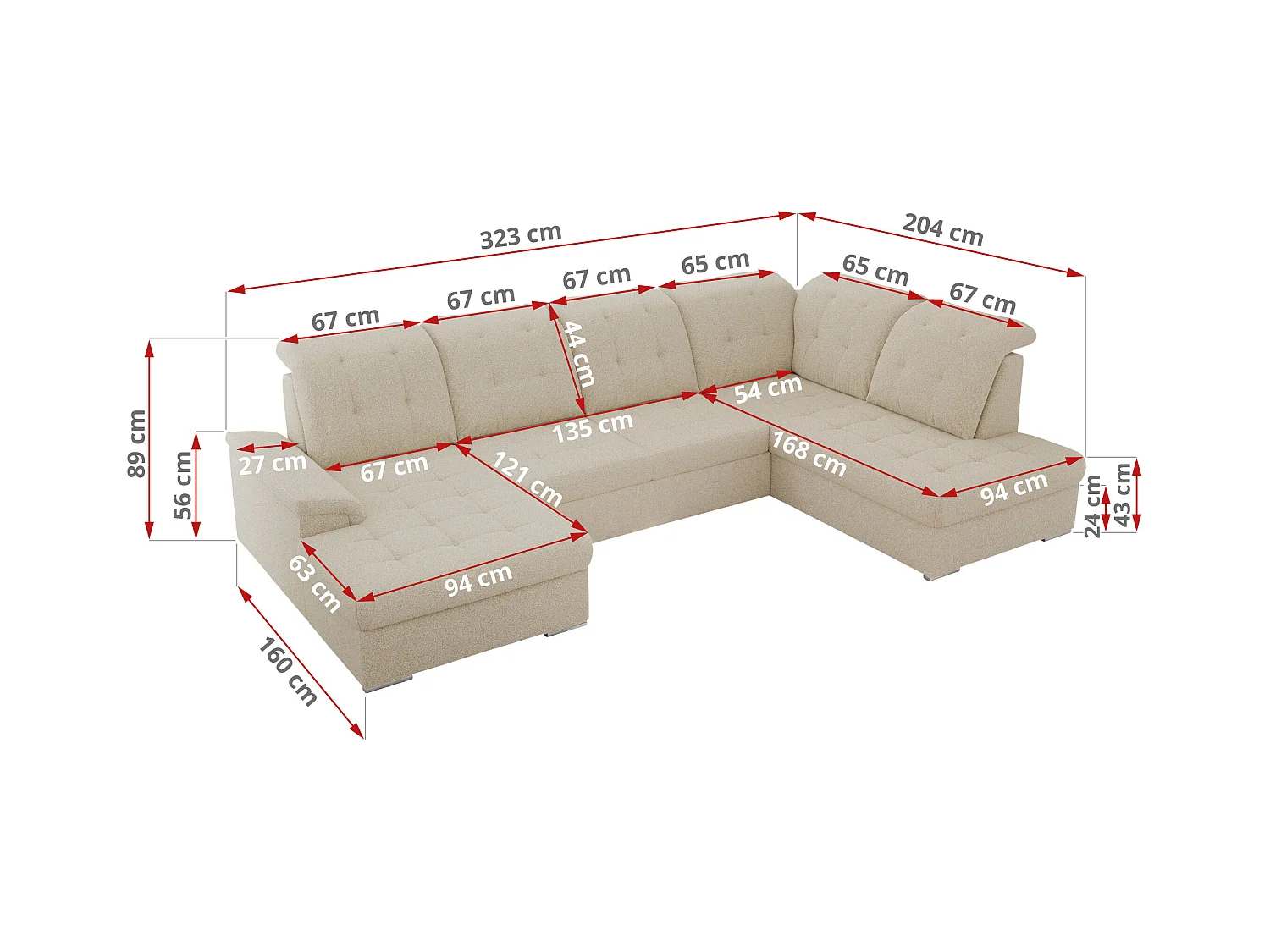 Ecksofa MADRITO U - mit verstellbarer Rückenlehne, Armlehne, L-förmige Ecke, Bettkasten - Beige Boucle - Ecke Rechts