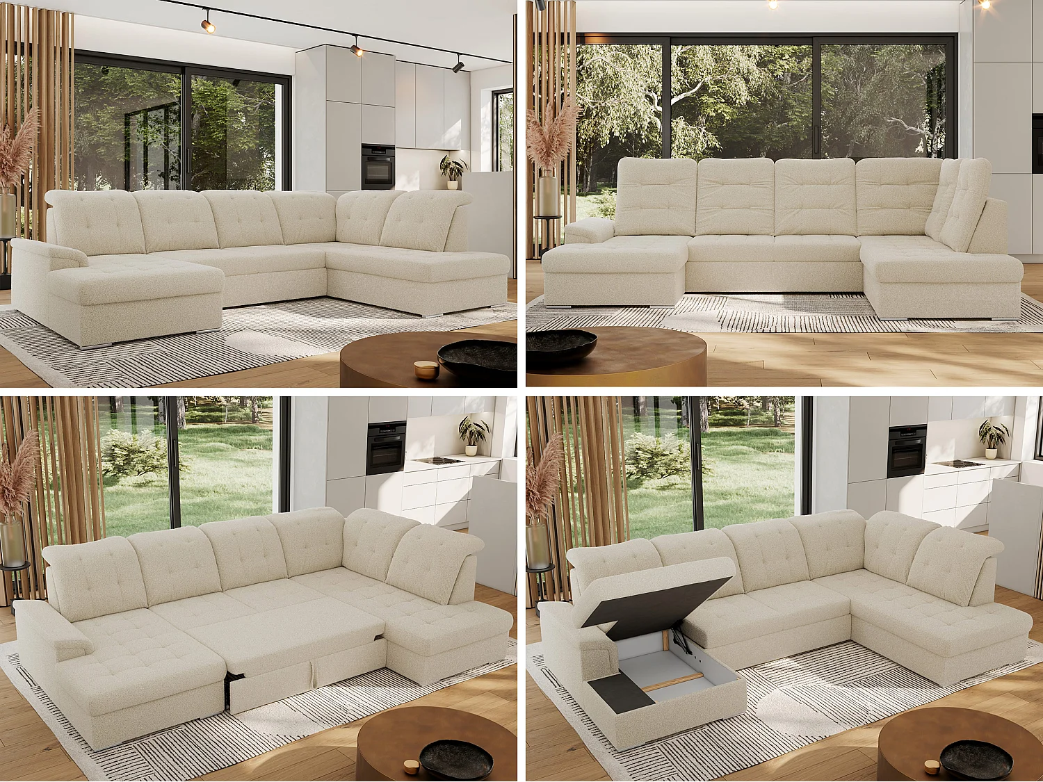 Ecksofa MADRITO U - mit verstellbarer Rückenlehne, Armlehne, L-förmige Ecke, Bettkasten - Beige Boucle - Ecke Rechts