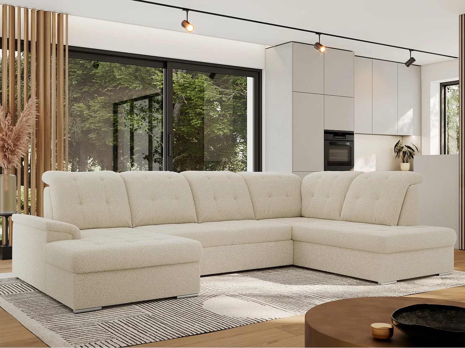 Ecksofa MADRITO U - mit verstellbarer Rückenlehne, Armlehne, L-förmige Ecke, Bettkasten - Beige Boucle - Ecke Rechts