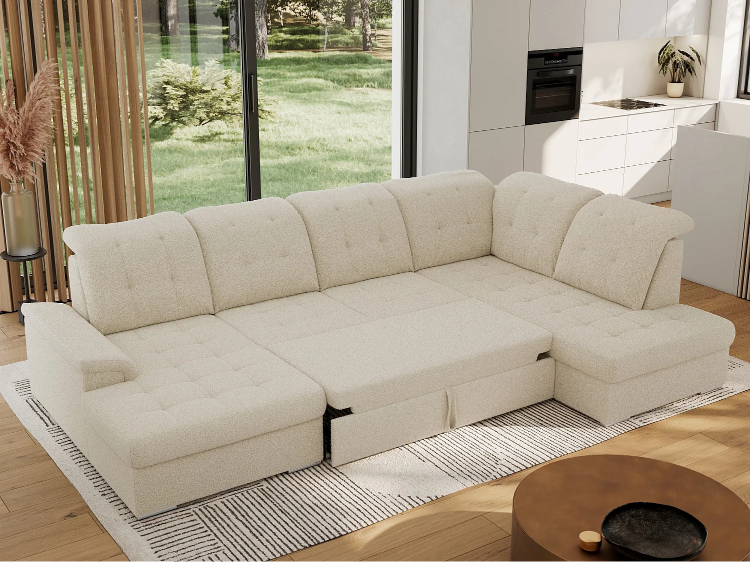 Ecksofa MADRITO U - mit verstellbarer Rückenlehne, Armlehne, L-förmige Ecke, Bettkasten - Beige Boucle - Ecke Rechts