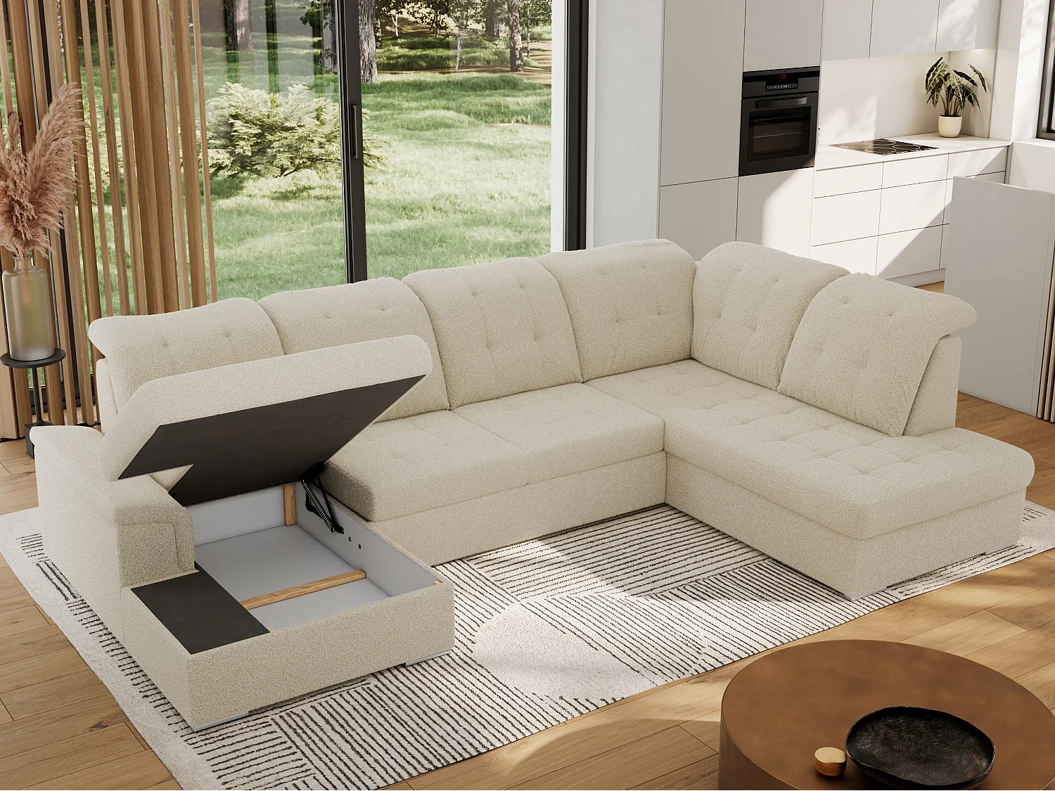 Ecksofa MADRITO U - mit verstellbarer Rückenlehne, Armlehne, L-förmige Ecke, Bettkasten - Beige Boucle - Ecke Rechts