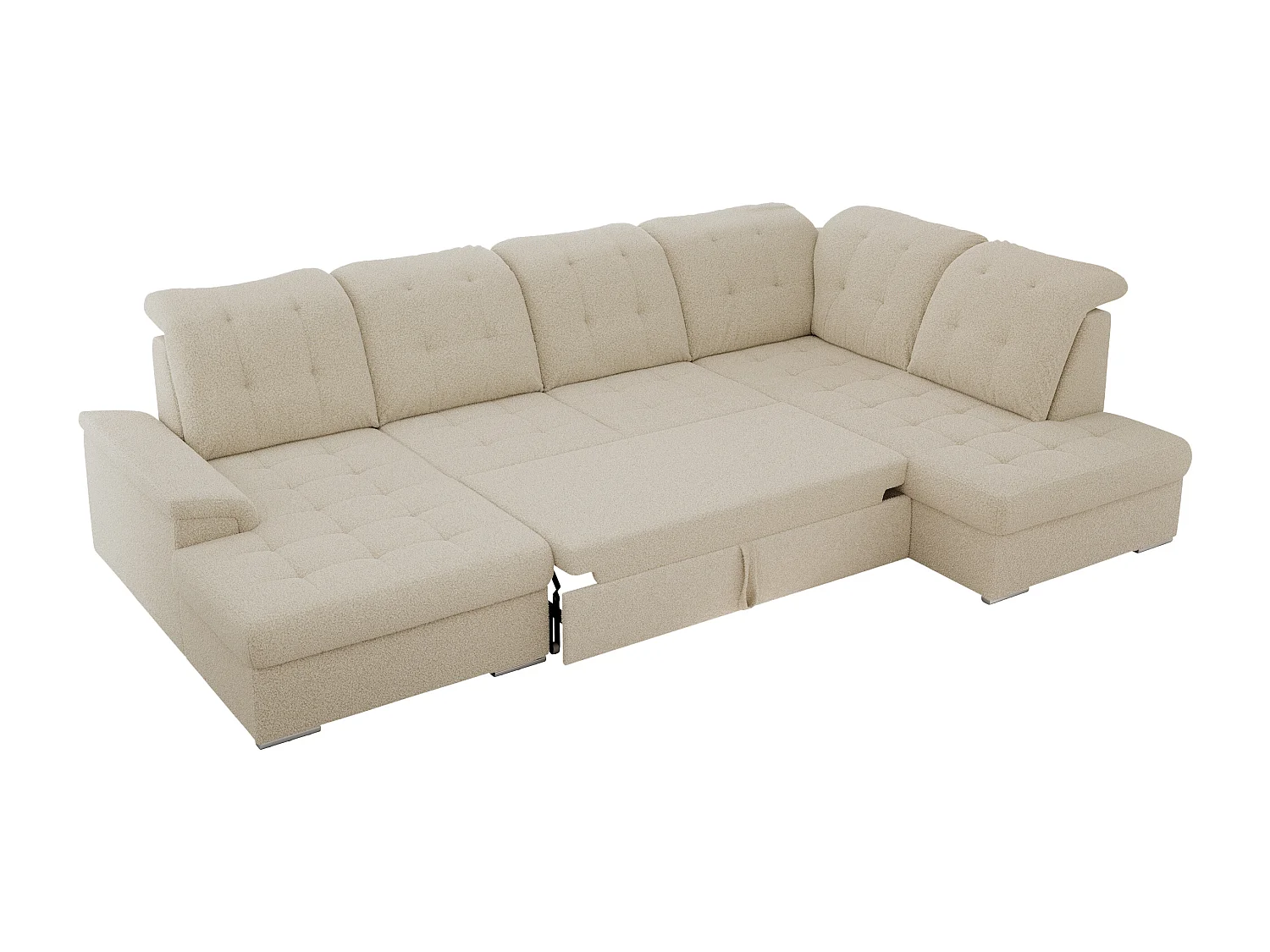 Ecksofa MADRITO U - mit verstellbarer Rückenlehne, Armlehne, L-förmige Ecke, Bettkasten - Beige Boucle - Ecke Rechts