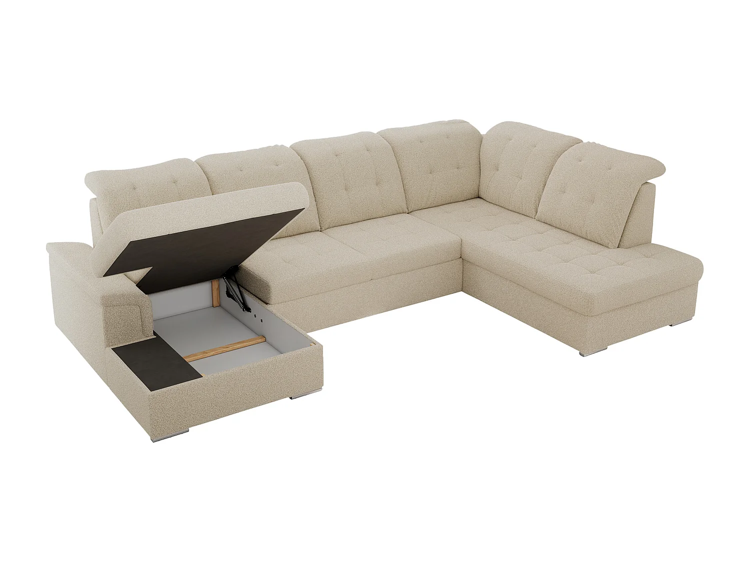 Ecksofa MADRITO U - mit verstellbarer Rückenlehne, Armlehne, L-förmige Ecke, Bettkasten - Beige Boucle - Ecke Rechts