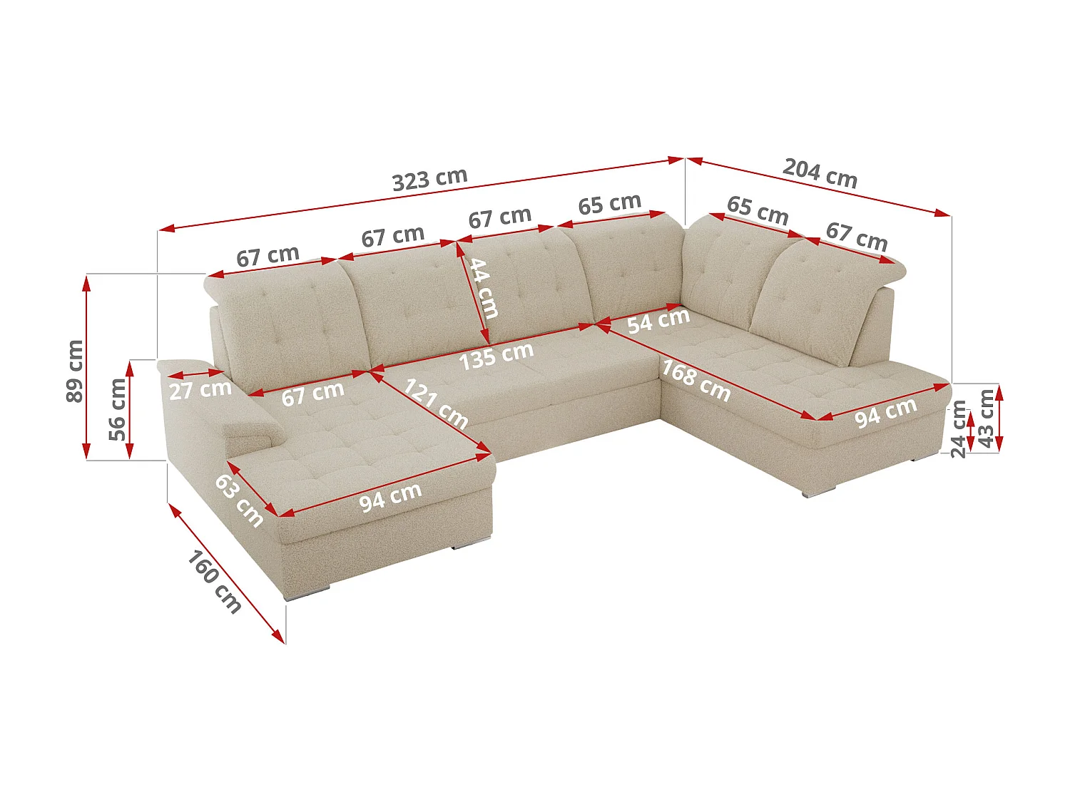 Ecksofa MADRITO U - mit verstellbarer Rückenlehne, Armlehne, L-förmige Ecke, Bettkasten - Beige Boucle - Ecke Rechts