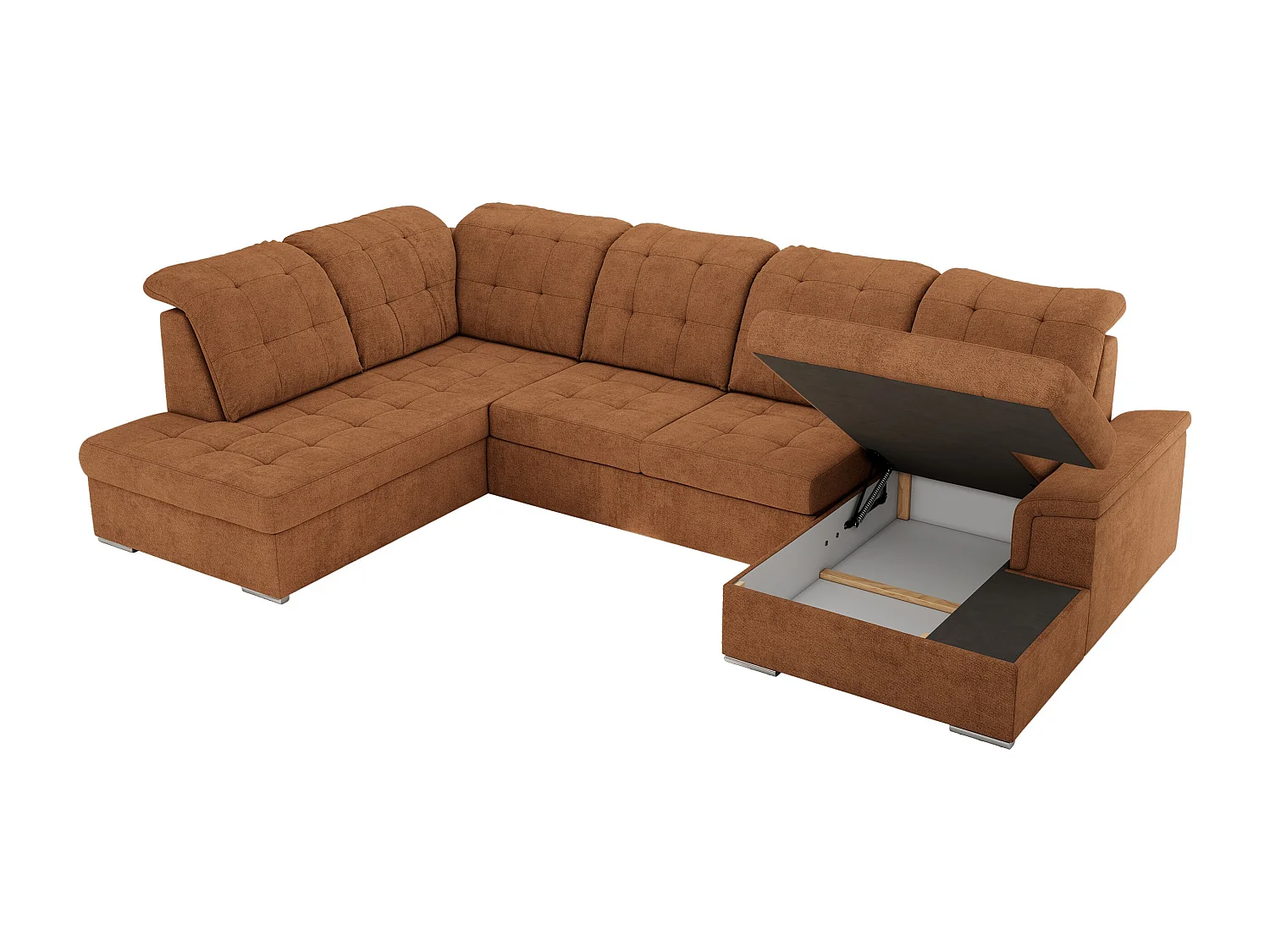 Ecksofa MADRITO U - mit verstellbarer Rückenlehne, Armlehne, L-förmige Ecke, Bettkasten - Orange Struktur - Ecke Links