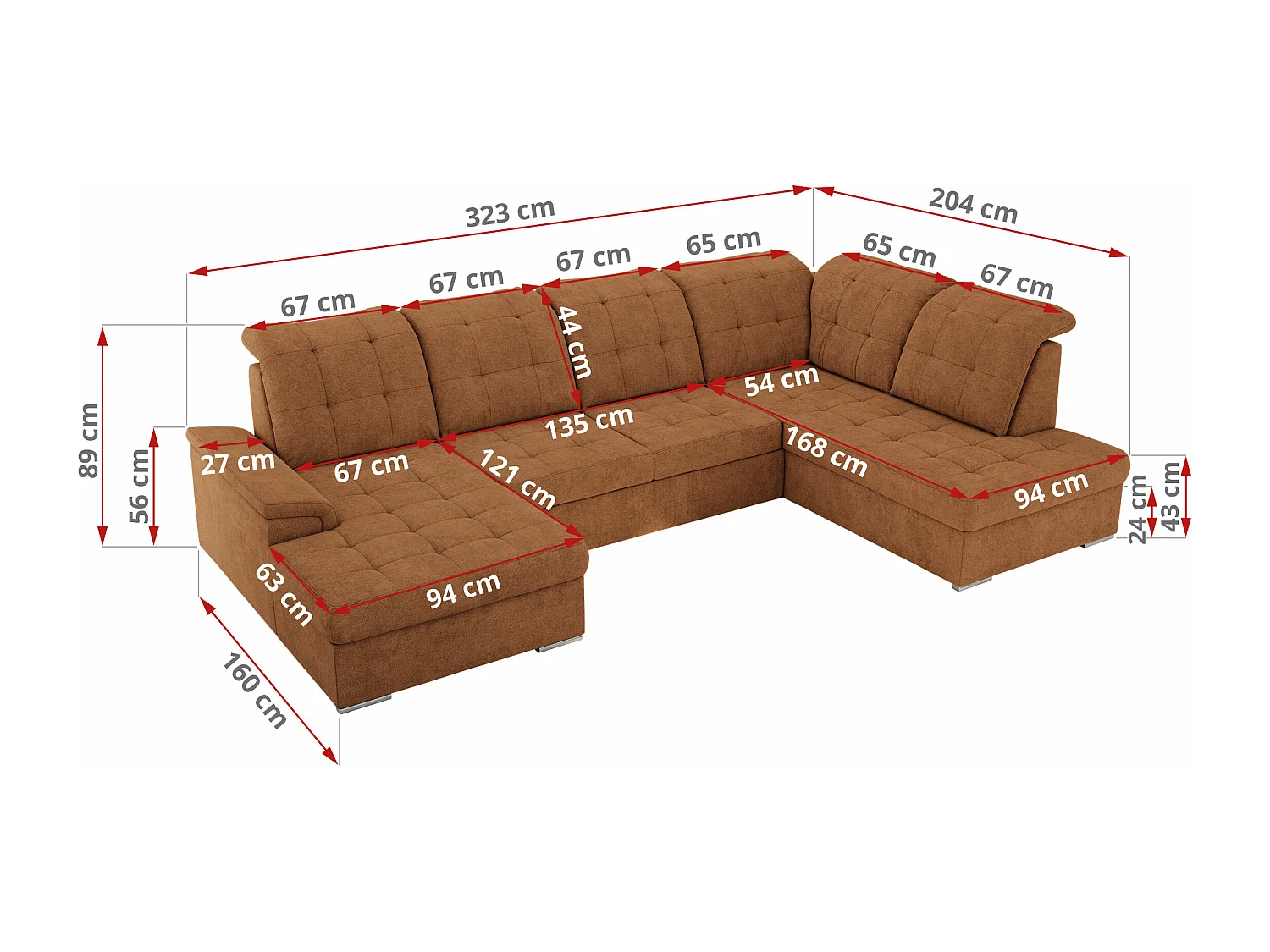 Ecksofa MADRITO U - mit verstellbarer Rückenlehne, Armlehne, L-förmige Ecke, Bettkasten - Orange Struktur - Ecke Links