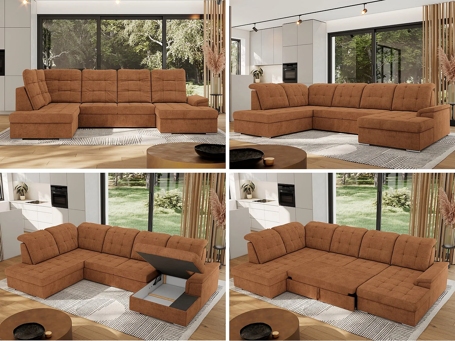 Ecksofa MADRITO U - mit verstellbarer Rückenlehne, Armlehne, L-förmige Ecke, Bettkasten - Orange Struktur - Ecke Links