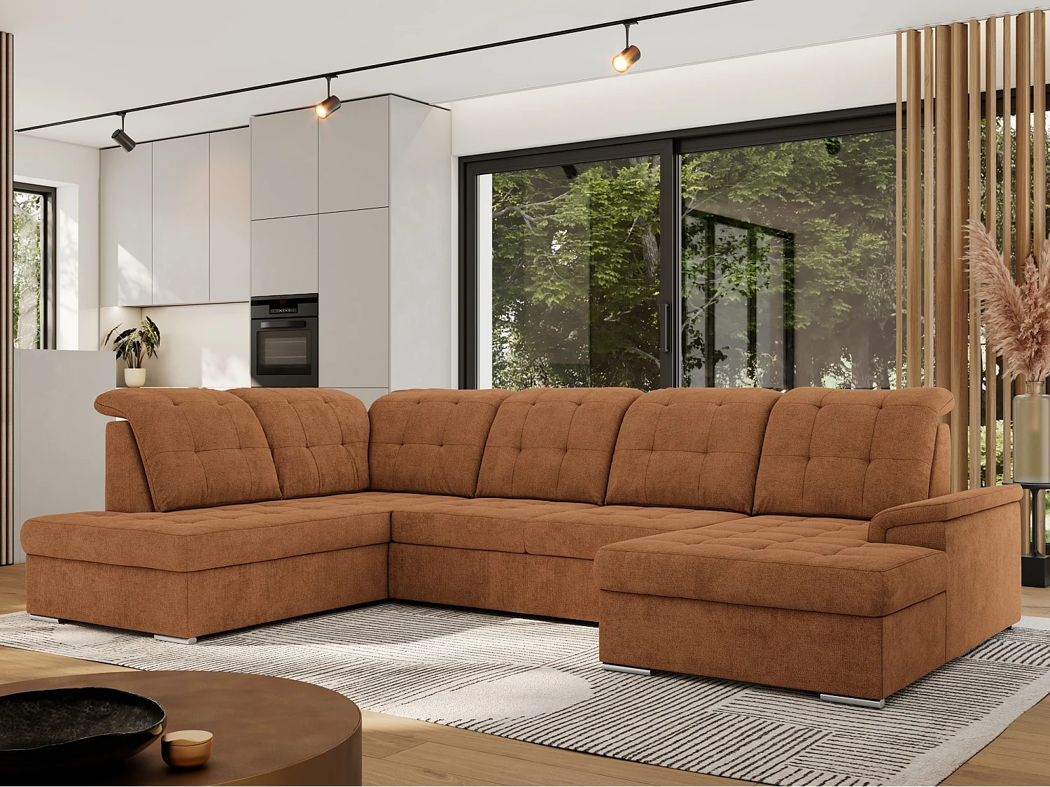 Ecksofa MADRITO U - mit verstellbarer Rückenlehne, Armlehne, L-förmige Ecke, Bettkasten - Orange Struktur - Ecke Links