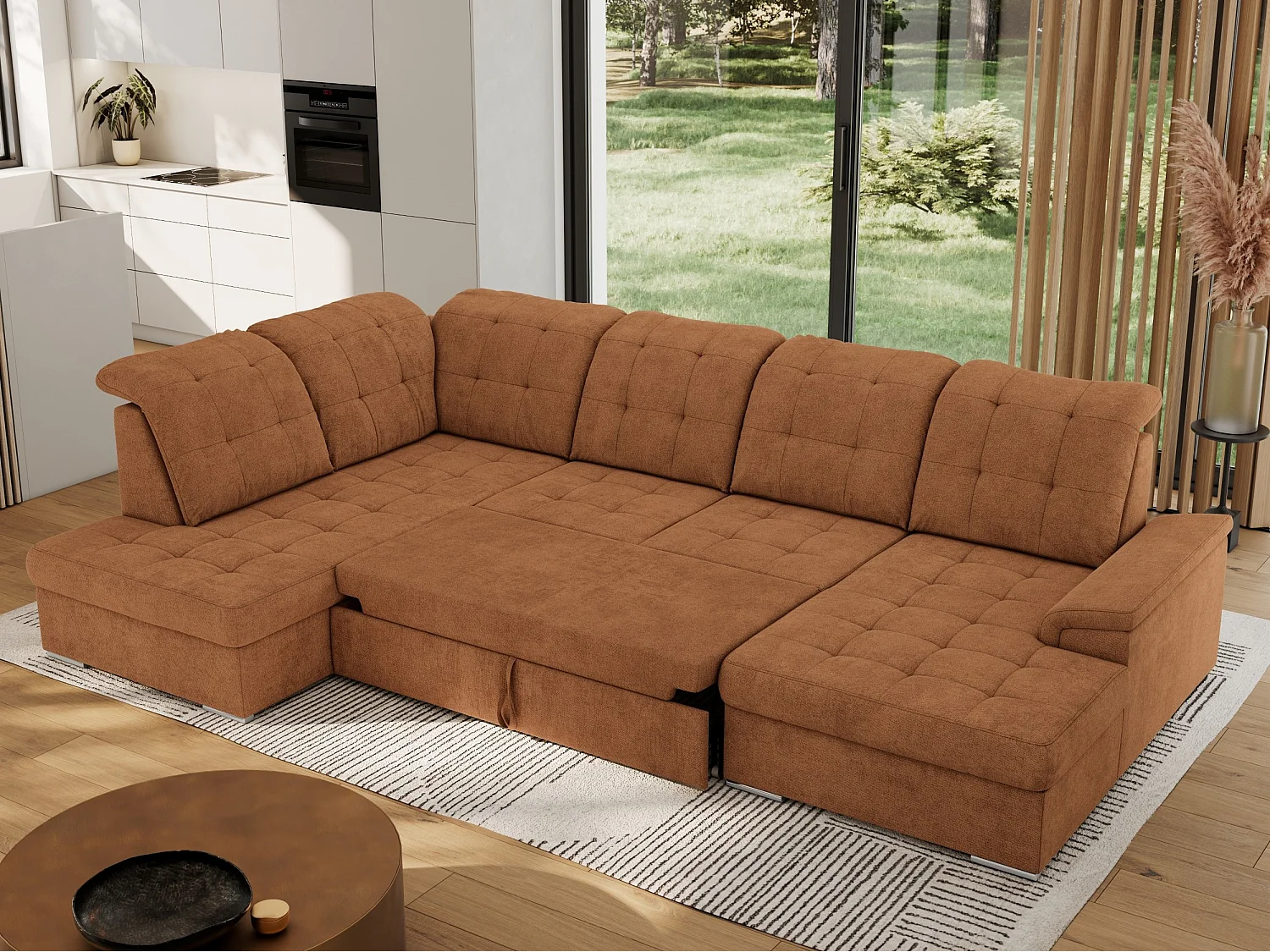 Ecksofa MADRITO U - mit verstellbarer Rückenlehne, Armlehne, L-förmige Ecke, Bettkasten - Orange Struktur - Ecke Links