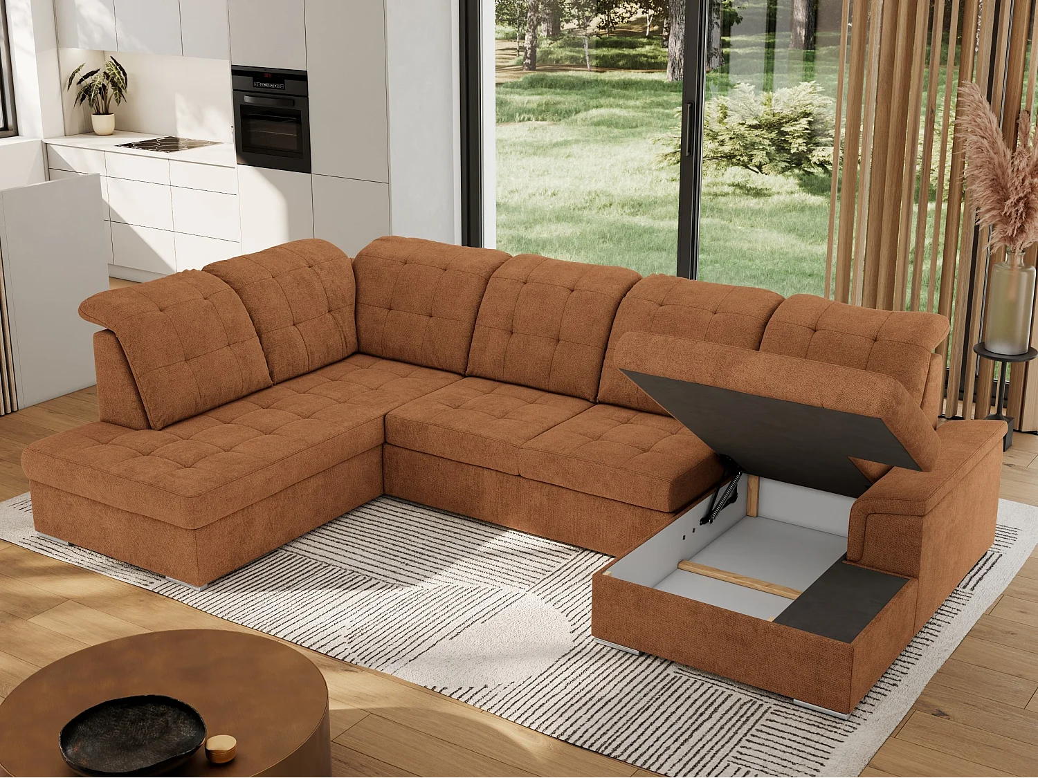 Ecksofa MADRITO U - mit verstellbarer Rückenlehne, Armlehne, L-förmige Ecke, Bettkasten - Orange Struktur - Ecke Links