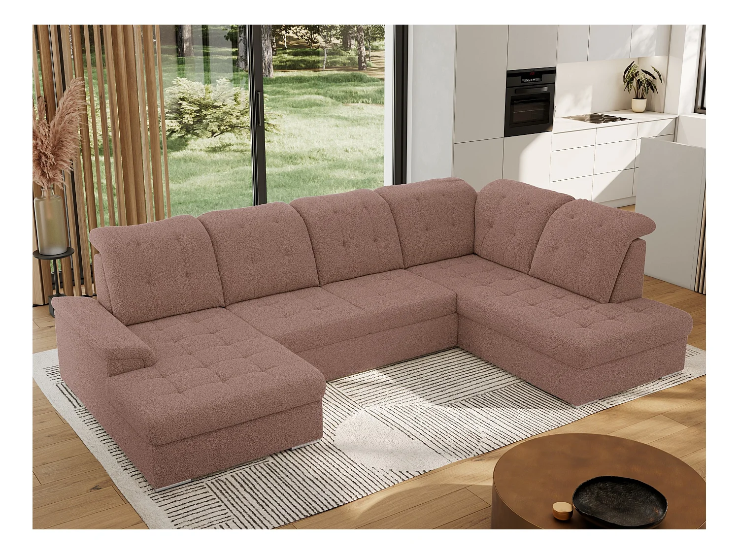 Ecksofa MADRITO U - mit verstellbarer Rückenlehne, Armlehne, L-förmige Ecke, Bettkasten - Rosa Boucle - Ecke Rechts
