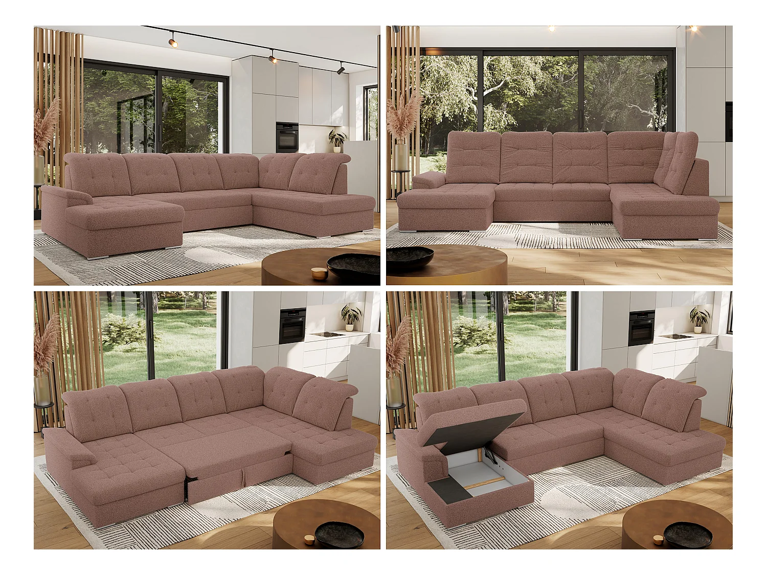 Ecksofa MADRITO U - mit verstellbarer Rückenlehne, Armlehne, L-förmige Ecke, Bettkasten - Rosa Boucle - Ecke Rechts