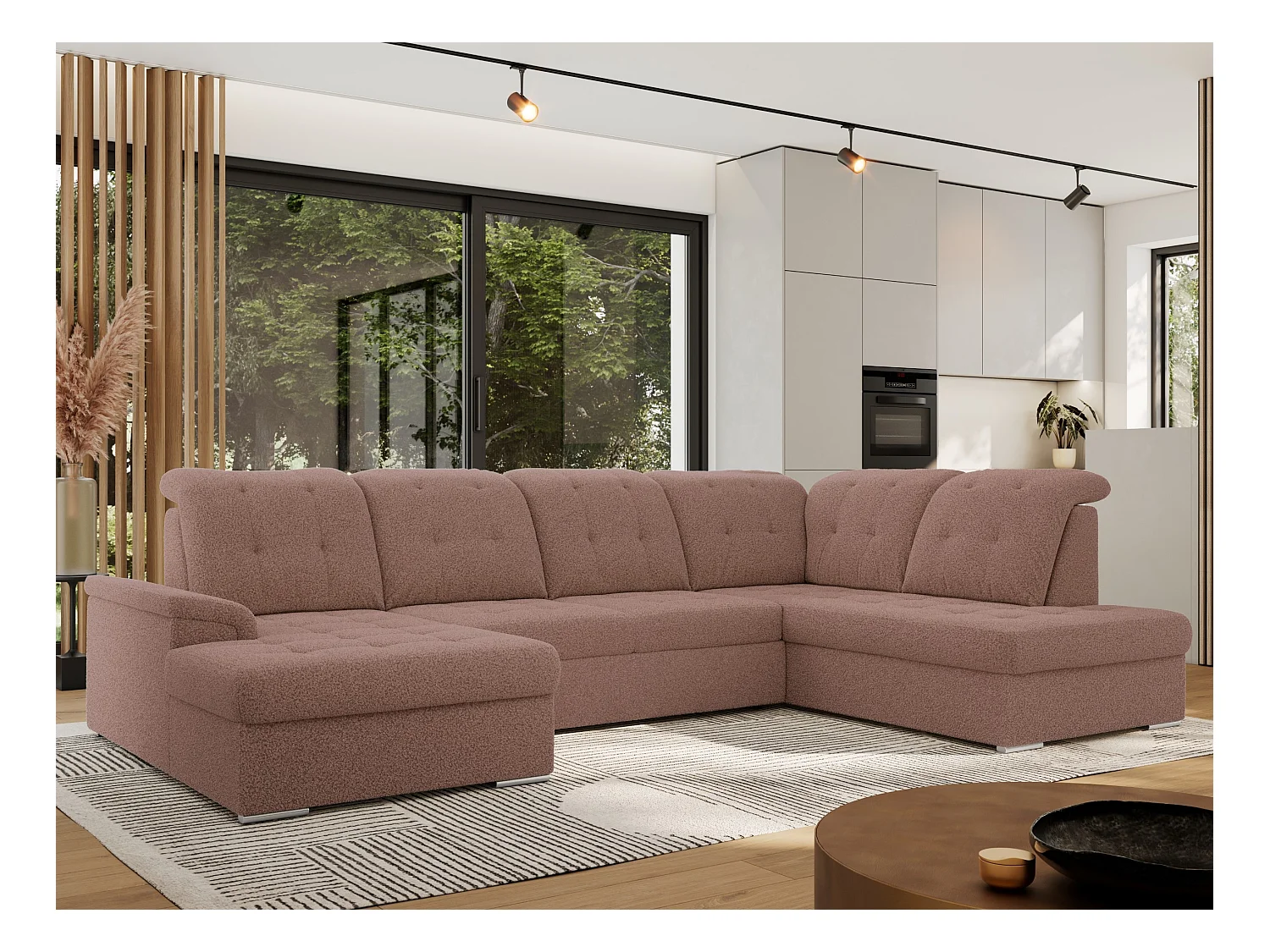 Ecksofa MADRITO U - mit verstellbarer Rückenlehne, Armlehne, L-förmige Ecke, Bettkasten - Rosa Boucle - Ecke Rechts