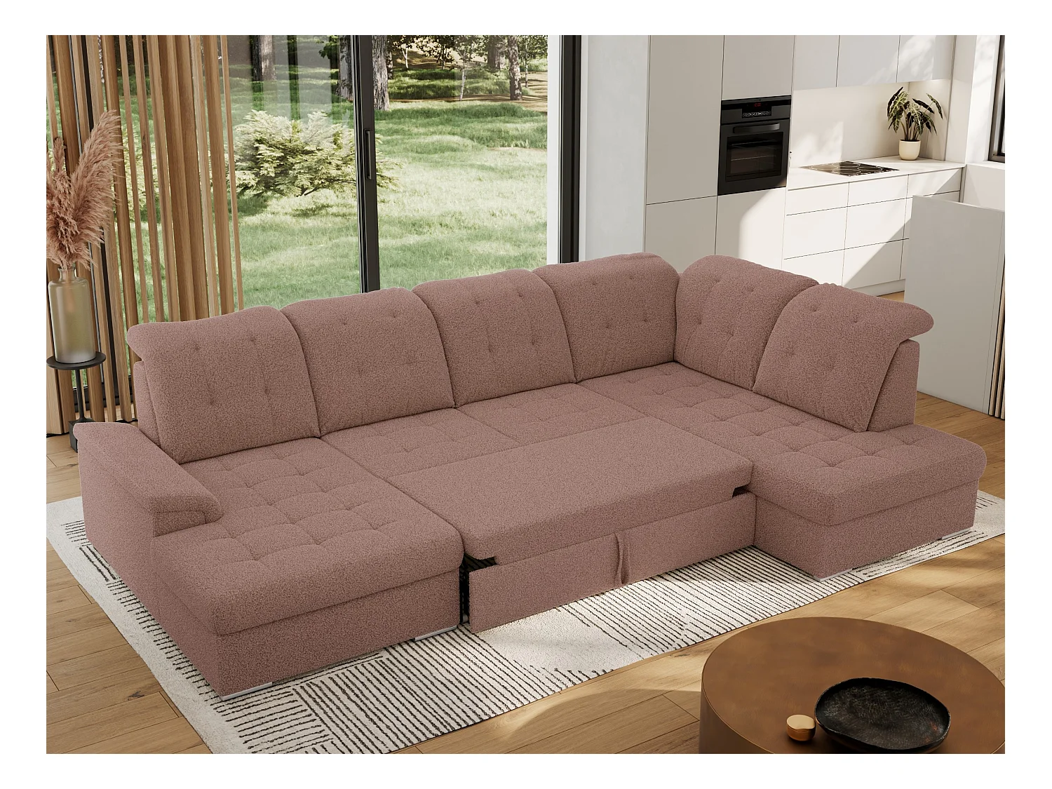 Ecksofa MADRITO U - mit verstellbarer Rückenlehne, Armlehne, L-förmige Ecke, Bettkasten - Rosa Boucle - Ecke Rechts