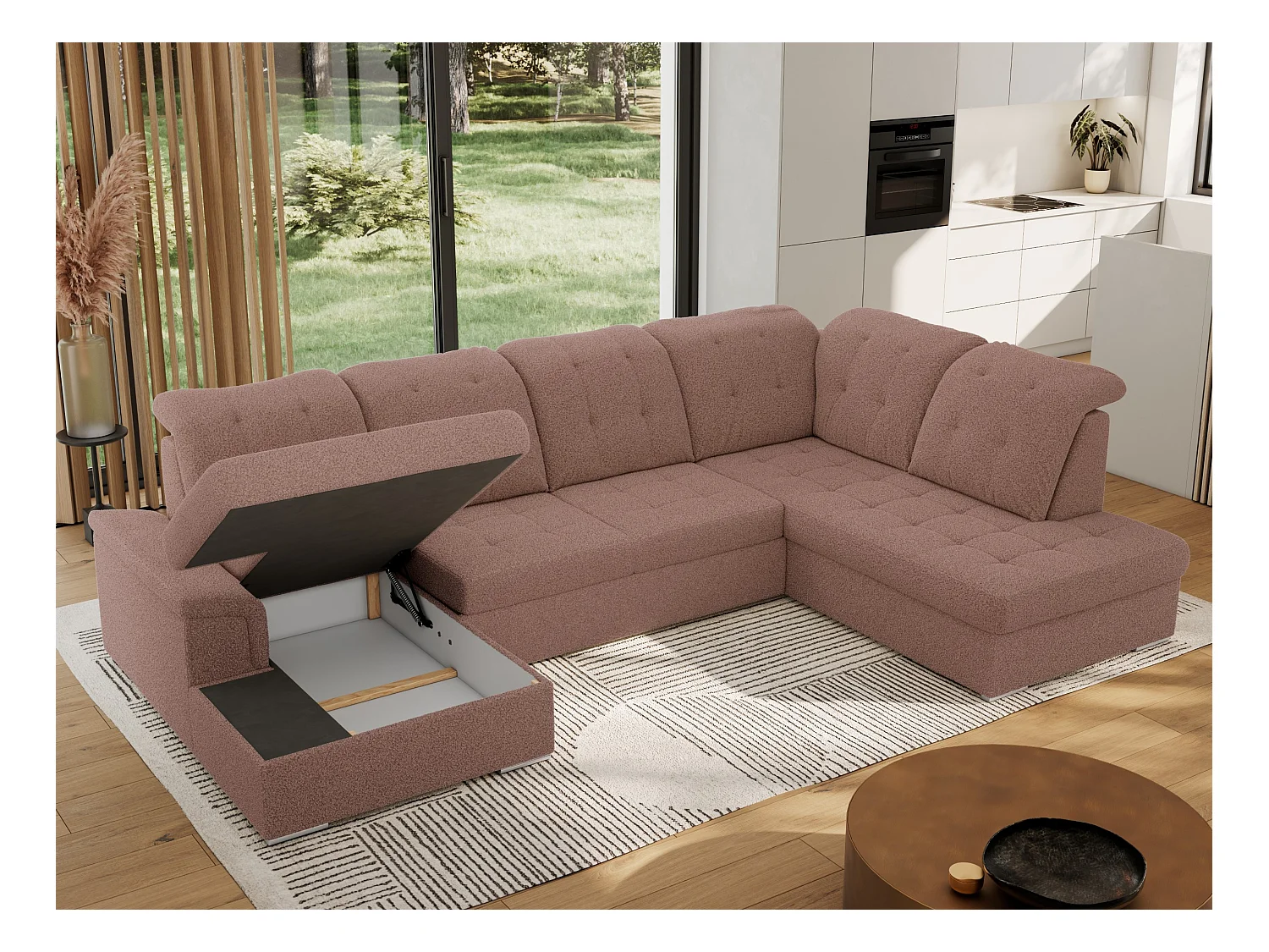 Ecksofa MADRITO U - mit verstellbarer Rückenlehne, Armlehne, L-förmige Ecke, Bettkasten - Rosa Boucle - Ecke Rechts