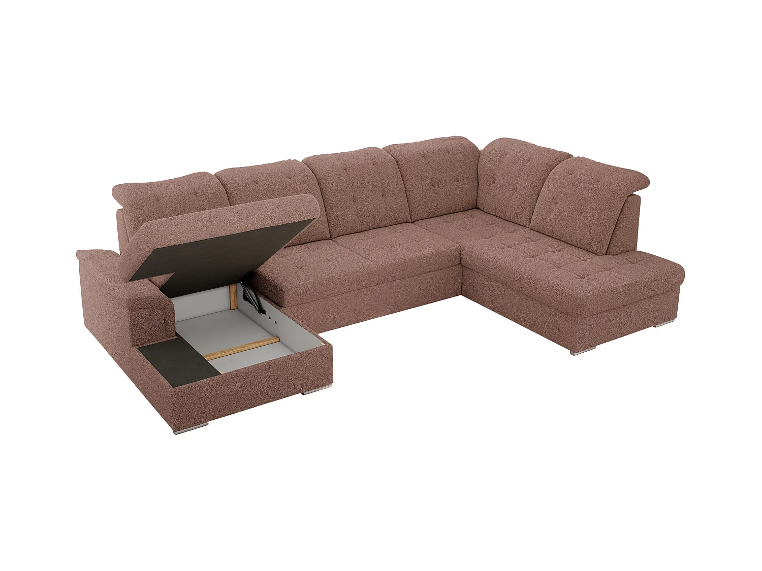 Ecksofa MADRITO U - mit verstellbarer Rückenlehne, Armlehne, L-förmige Ecke, Bettkasten - Rosa Boucle - Ecke Rechts