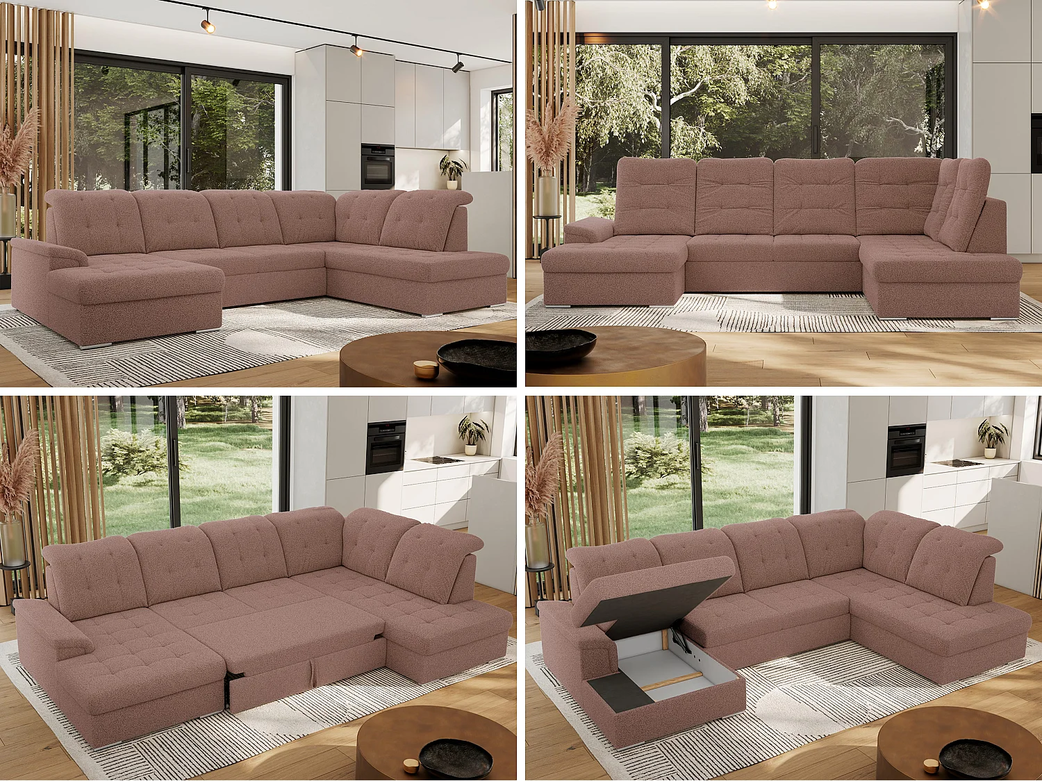 Ecksofa MADRITO U - mit verstellbarer Rückenlehne, Armlehne, L-förmige Ecke, Bettkasten - Rosa Boucle - Ecke Rechts