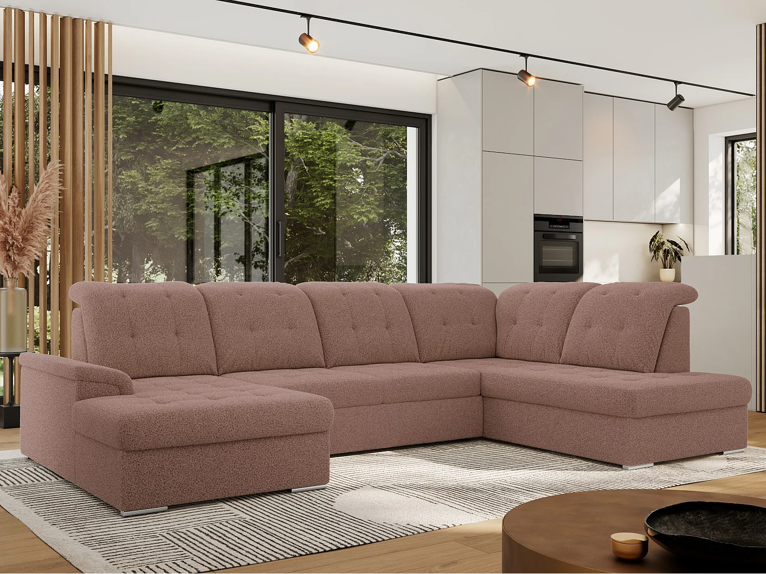 Ecksofa MADRITO U - mit verstellbarer Rückenlehne, Armlehne, L-förmige Ecke, Bettkasten - Rosa Boucle - Ecke Rechts