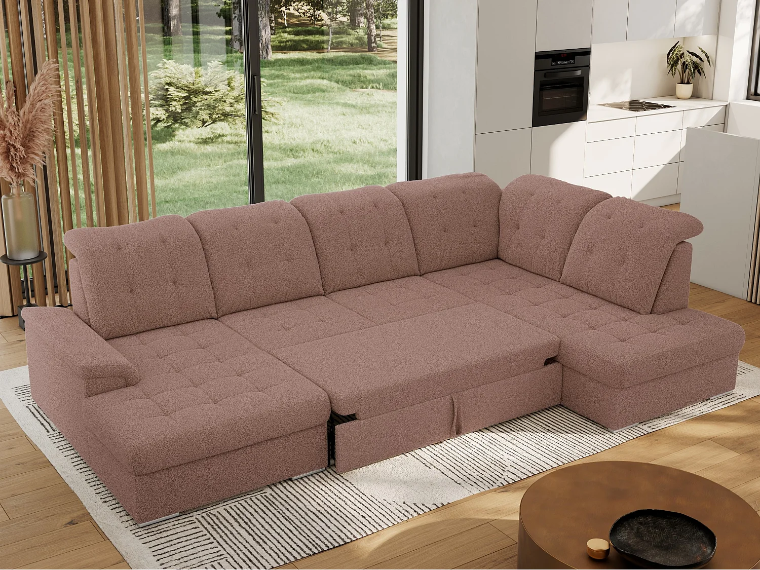 Ecksofa MADRITO U - mit verstellbarer Rückenlehne, Armlehne, L-förmige Ecke, Bettkasten - Rosa Boucle - Ecke Rechts