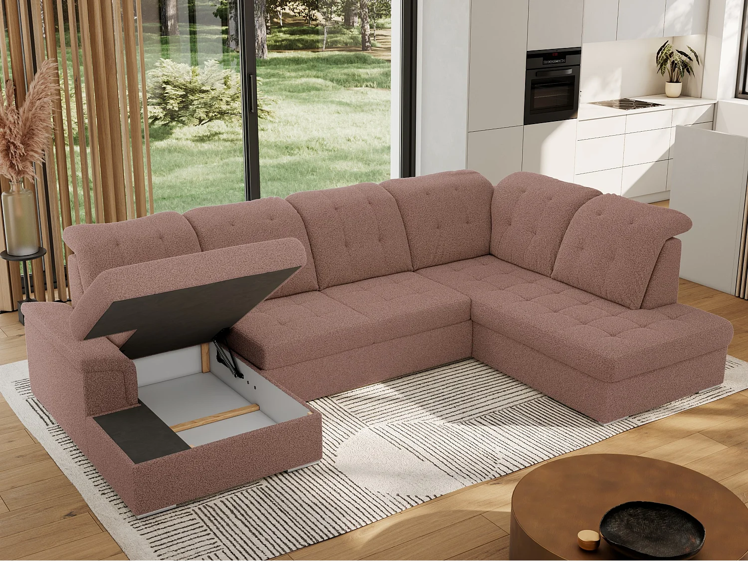 Ecksofa MADRITO U - mit verstellbarer Rückenlehne, Armlehne, L-förmige Ecke, Bettkasten - Rosa Boucle - Ecke Rechts