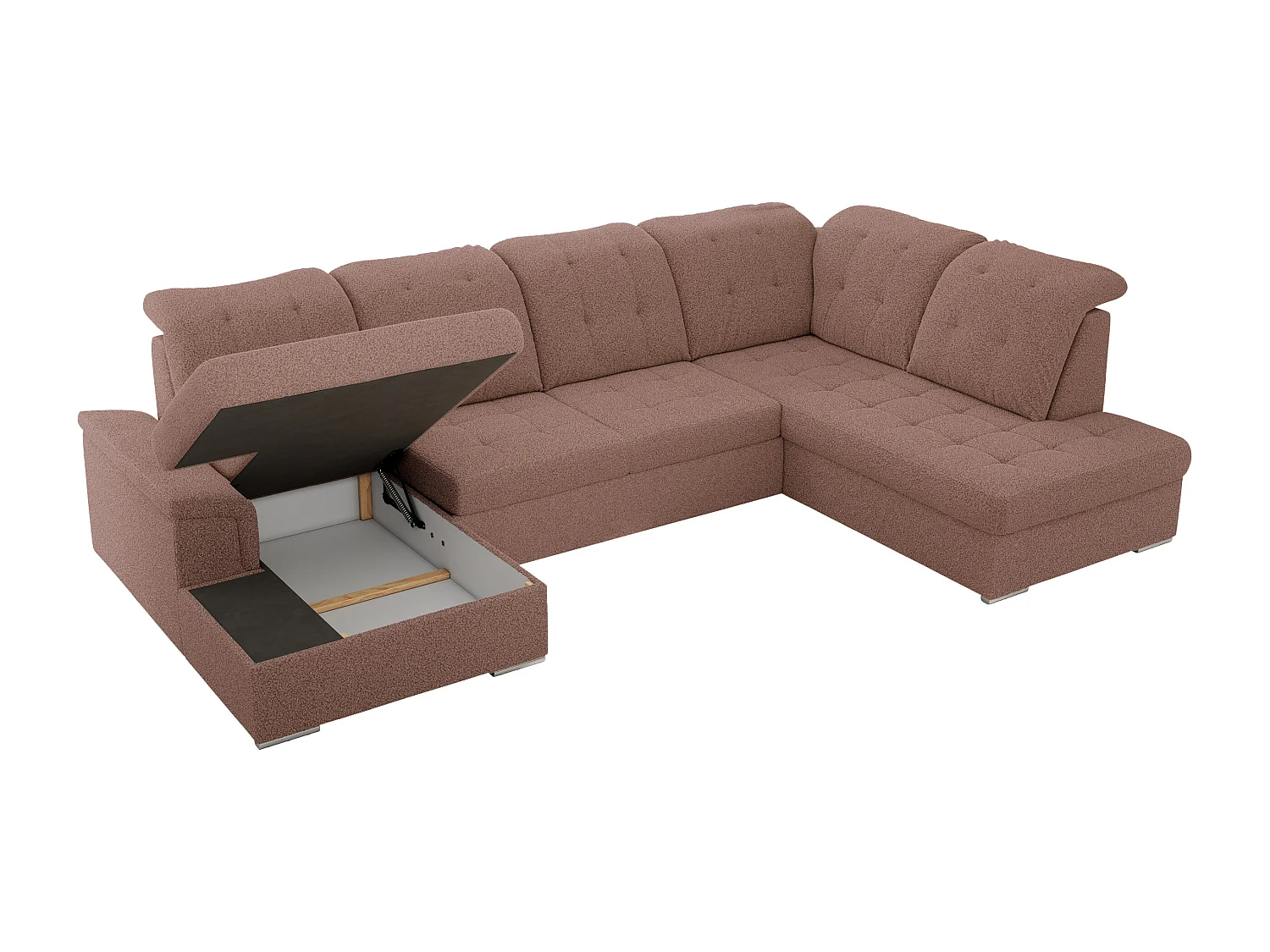 Ecksofa MADRITO U - mit verstellbarer Rückenlehne, Armlehne, L-förmige Ecke, Bettkasten - Rosa Boucle - Ecke Rechts