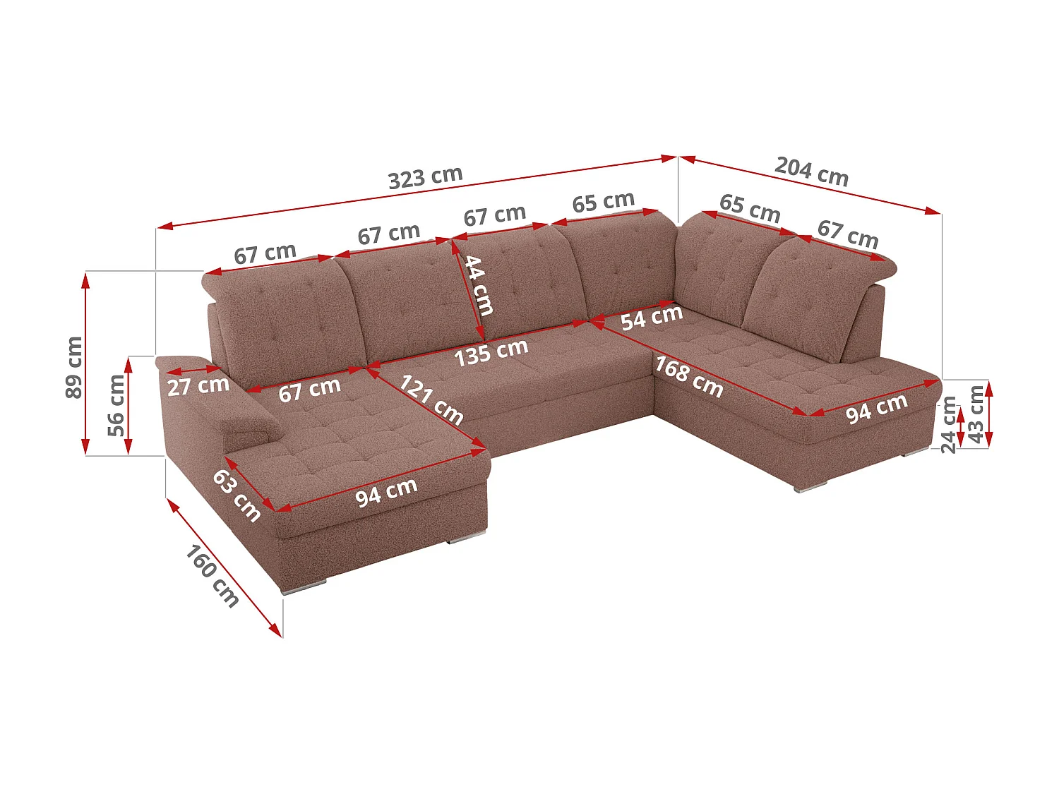 Ecksofa MADRITO U - mit verstellbarer Rückenlehne, Armlehne, L-förmige Ecke, Bettkasten - Rosa Boucle - Ecke Rechts