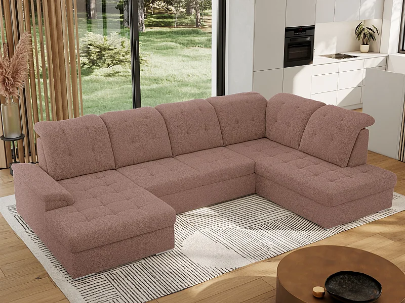 Ecksofa MADRITO U - mit verstellbarer Rückenlehne, Armlehne, L-förmige Ecke, Bettkasten - Rosa Boucle - Ecke Rechts