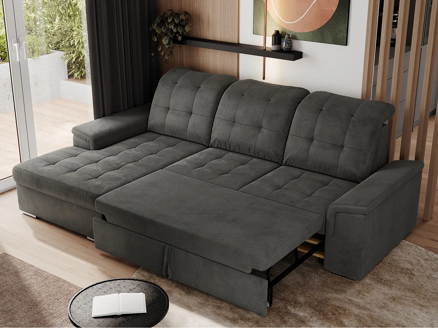 Ecksofa MADRITO - mit verstellbarer Rückenlehne, Armlehnen, gestepptem Sitz und Rückenlehne, Schlaffunktion - Dunkelgrau Velvet - Ecke Links