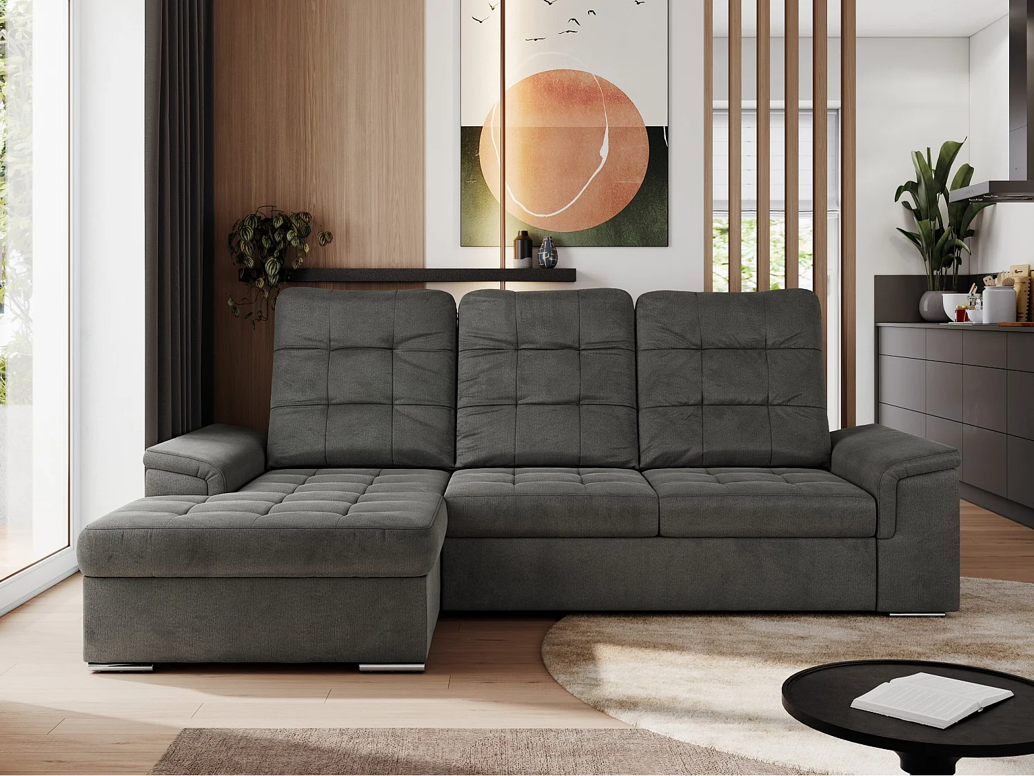 Ecksofa MADRITO - mit verstellbarer Rückenlehne, Armlehnen, gestepptem Sitz und Rückenlehne, Schlaffunktion - Dunkelgrau Velvet - Ecke Links