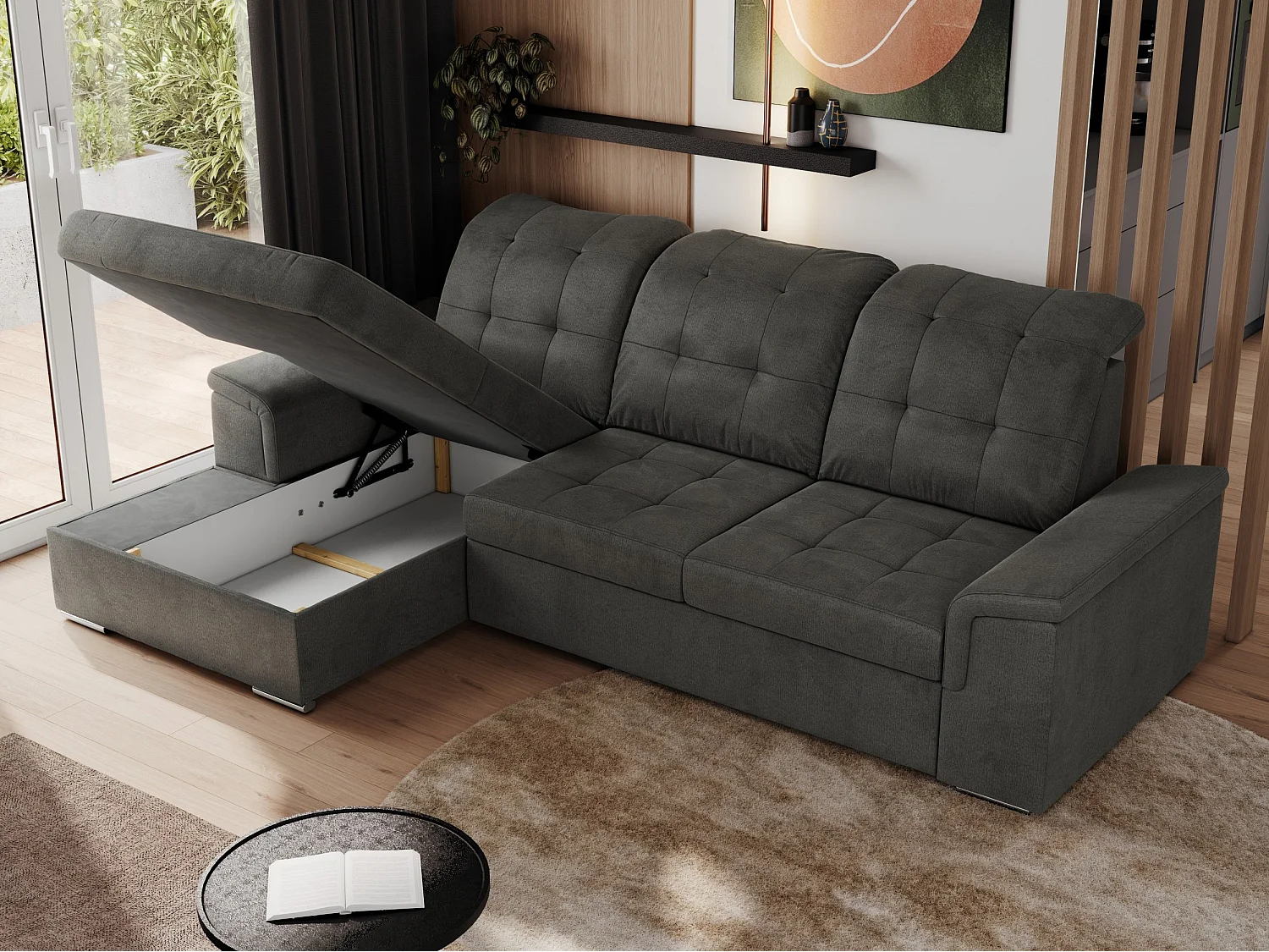 Ecksofa MADRITO - mit verstellbarer Rückenlehne, Armlehnen, gestepptem Sitz und Rückenlehne, Schlaffunktion - Dunkelgrau Velvet - Ecke Links