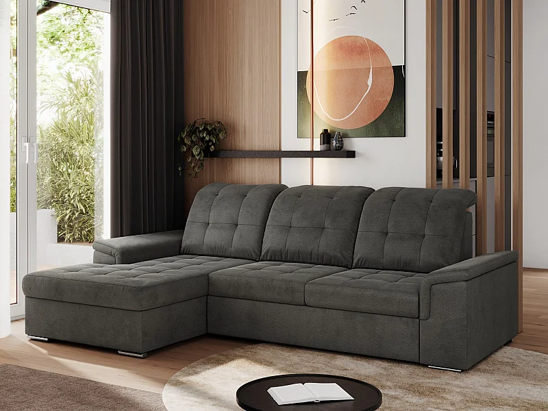 Ecksofa MADRITO - mit verstellbarer Rückenlehne, Armlehnen, gestepptem Sitz und Rückenlehne, Schlaffunktion - Dunkelgrau Velvet - Ecke Links