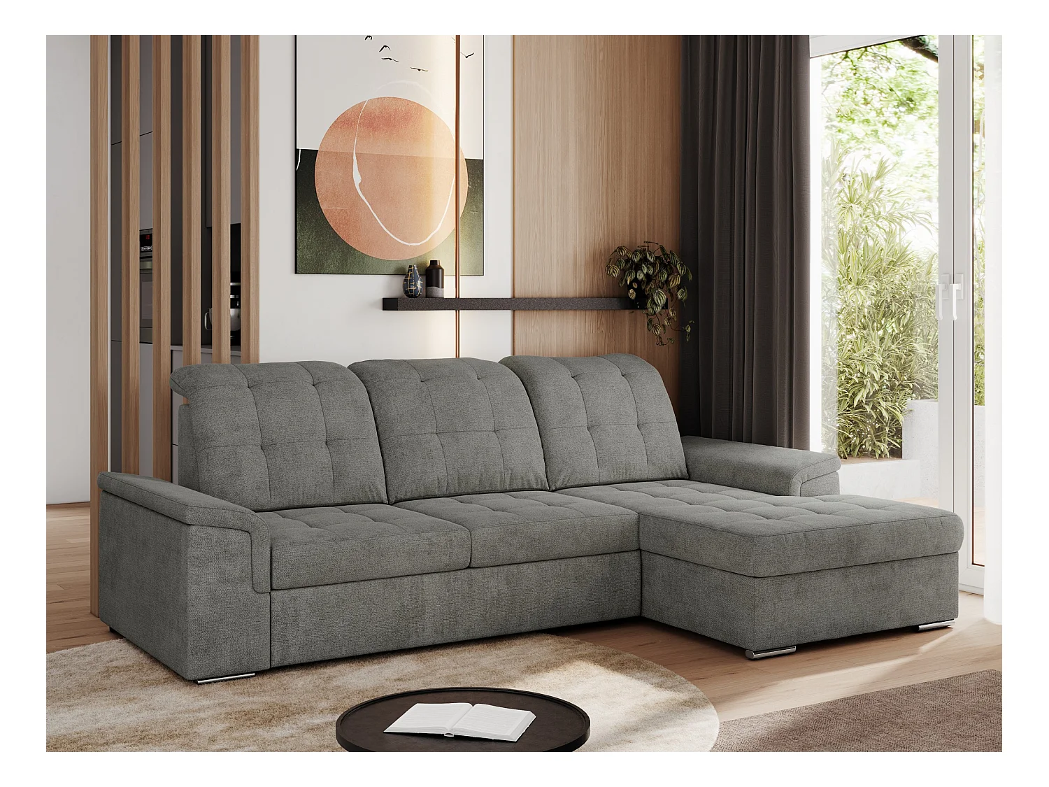 Ecksofa MADRITO - mit verstellbarer Rückenlehne, Armlehnen, gestepptem Sitz und Rückenlehne, Schlaffunktion - Grau Struktur - Ecke Rechts