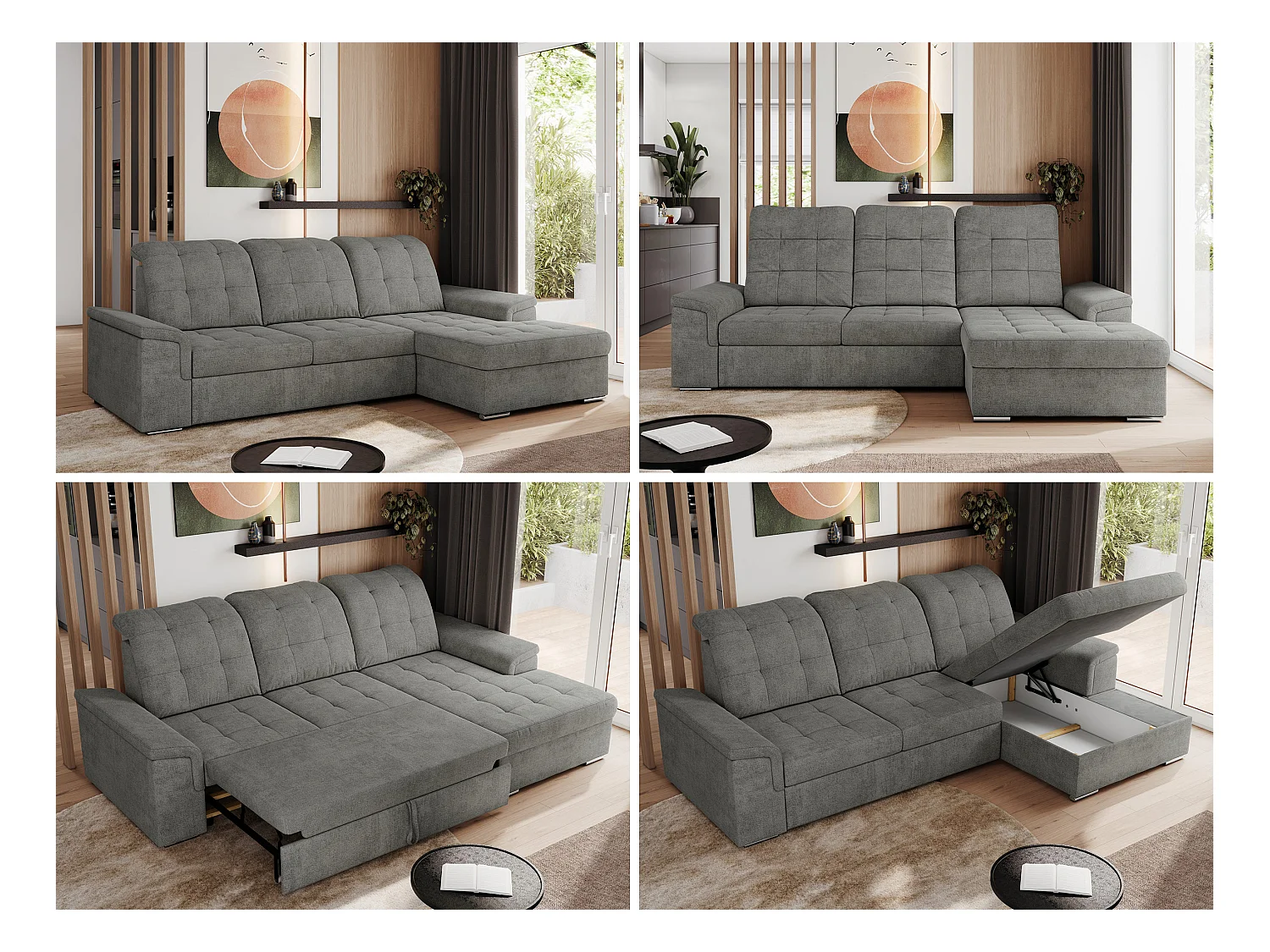 Ecksofa MADRITO - mit verstellbarer Rückenlehne, Armlehnen, gestepptem Sitz und Rückenlehne, Schlaffunktion - Grau Struktur - Ecke Rechts