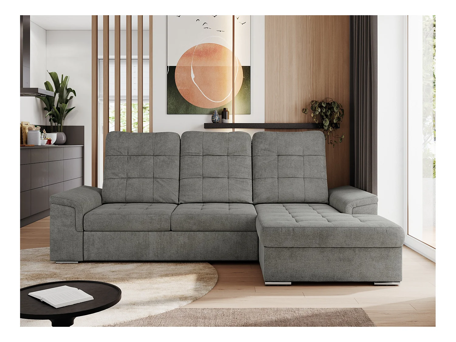 Ecksofa MADRITO - mit verstellbarer Rückenlehne, Armlehnen, gestepptem Sitz und Rückenlehne, Schlaffunktion - Grau Struktur - Ecke Rechts