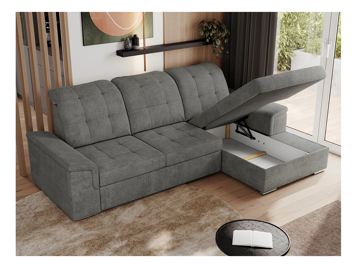 Ecksofa MADRITO - mit verstellbarer Rückenlehne, Armlehnen, gestepptem Sitz und Rückenlehne, Schlaffunktion - Grau Struktur - Ecke Rechts