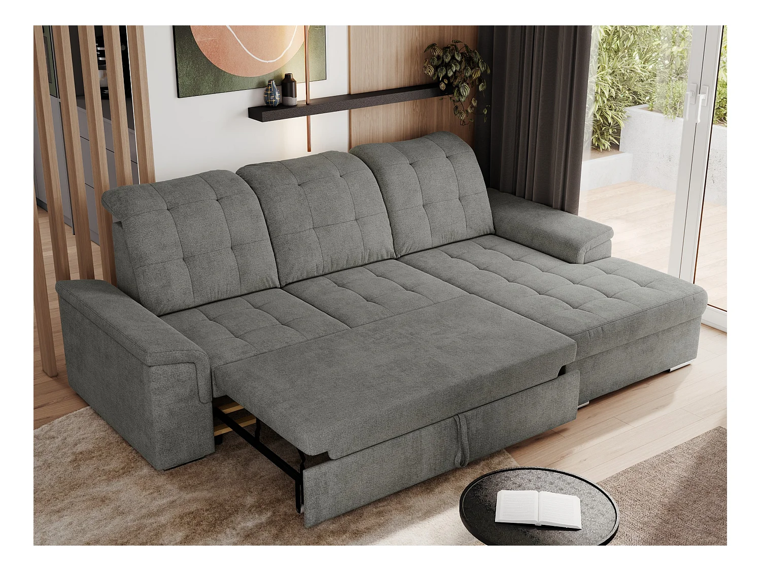 Ecksofa MADRITO - mit verstellbarer Rückenlehne, Armlehnen, gestepptem Sitz und Rückenlehne, Schlaffunktion - Grau Struktur - Ecke Rechts