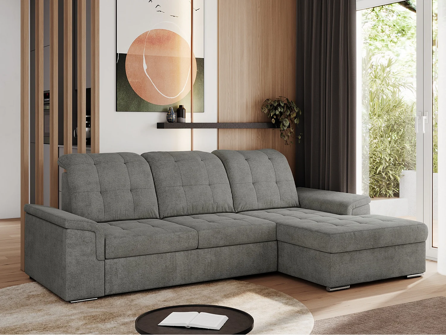 Ecksofa MADRITO - mit verstellbarer Rückenlehne, Armlehnen, gestepptem Sitz und Rückenlehne, Schlaffunktion - Grau Struktur - Ecke Rechts