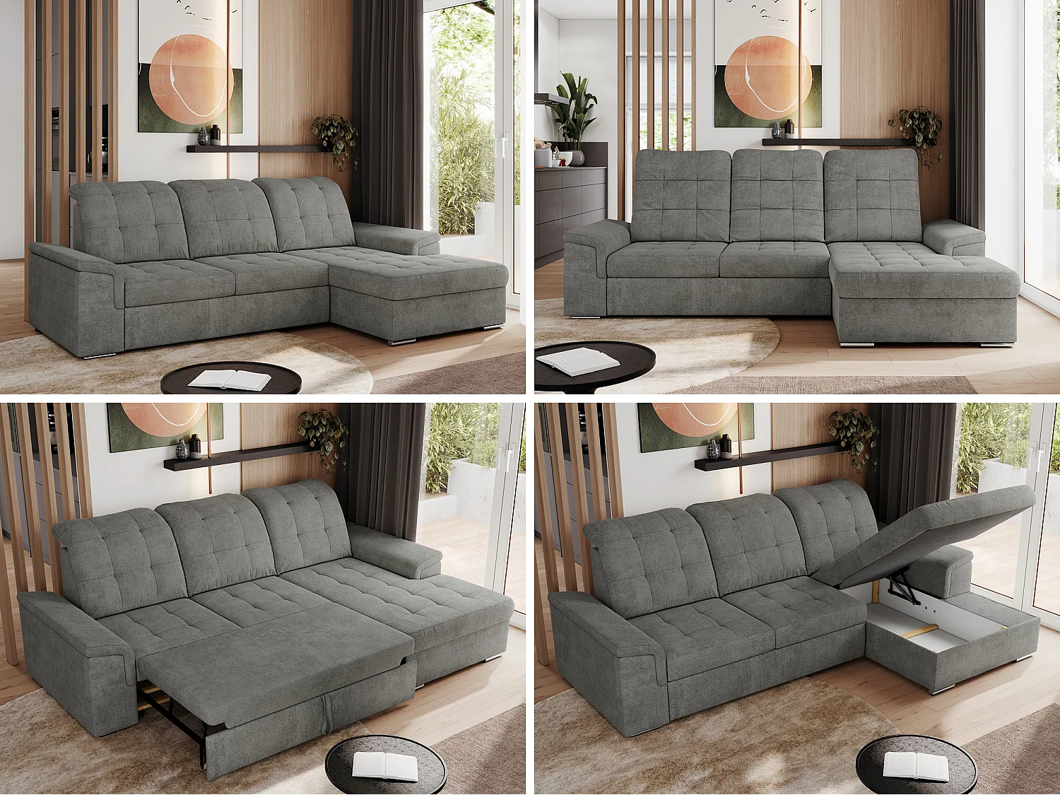 Ecksofa MADRITO - mit verstellbarer Rückenlehne, Armlehnen, gestepptem Sitz und Rückenlehne, Schlaffunktion - Grau Struktur - Ecke Rechts