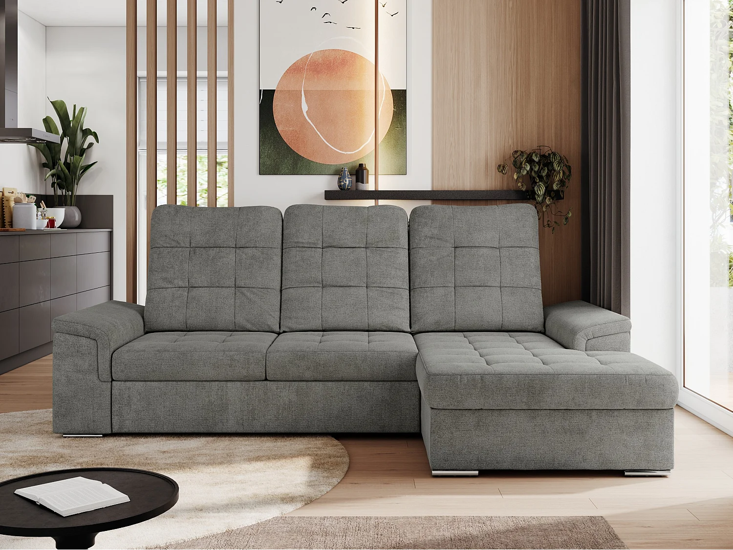 Ecksofa MADRITO - mit verstellbarer Rückenlehne, Armlehnen, gestepptem Sitz und Rückenlehne, Schlaffunktion - Grau Struktur - Ecke Rechts