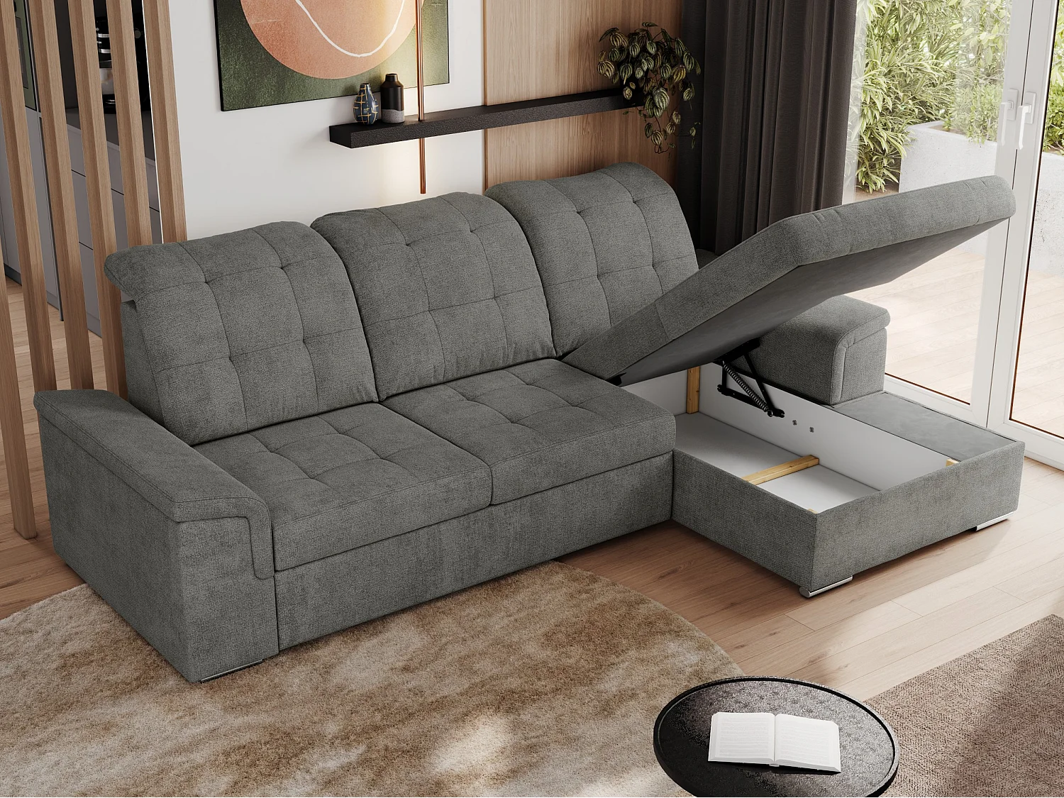 Ecksofa MADRITO - mit verstellbarer Rückenlehne, Armlehnen, gestepptem Sitz und Rückenlehne, Schlaffunktion - Grau Struktur - Ecke Rechts