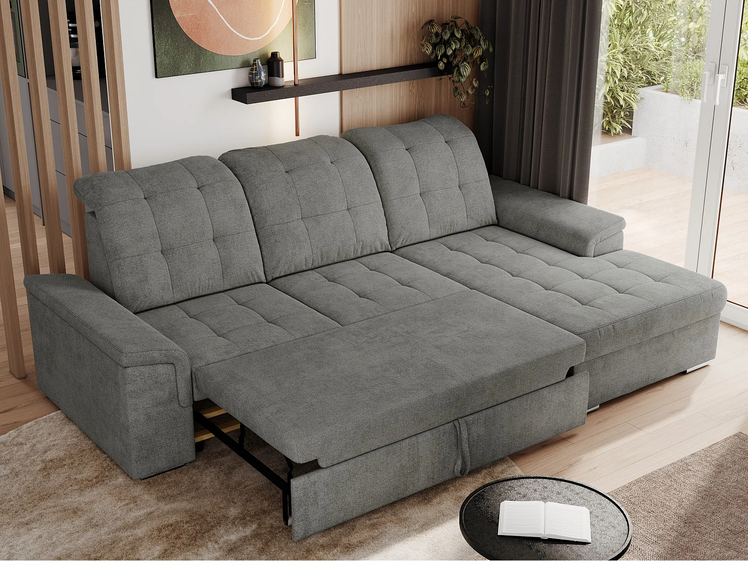 Ecksofa MADRITO - mit verstellbarer Rückenlehne, Armlehnen, gestepptem Sitz und Rückenlehne, Schlaffunktion - Grau Struktur - Ecke Rechts