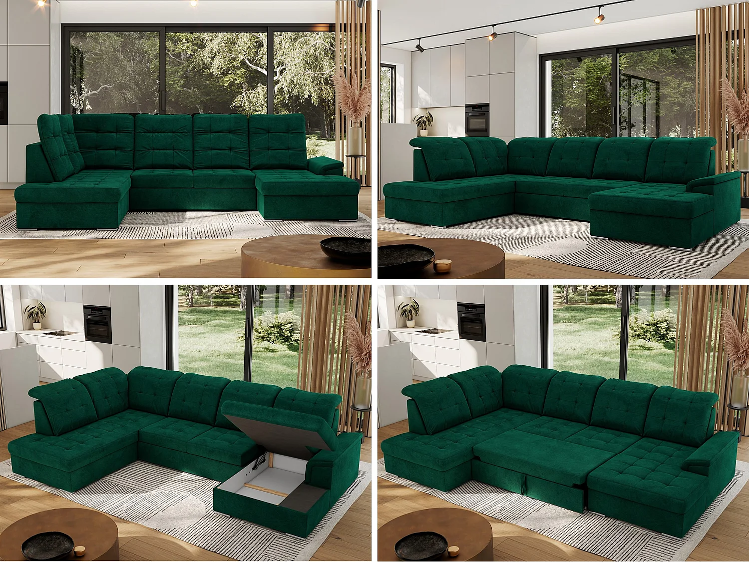 Ecksofa MADRITO U - mit verstellbarer Rückenlehne, Armlehne, L-förmige Ecke, Bettkasten - Dunkelgrün Velvet - Ecke Links