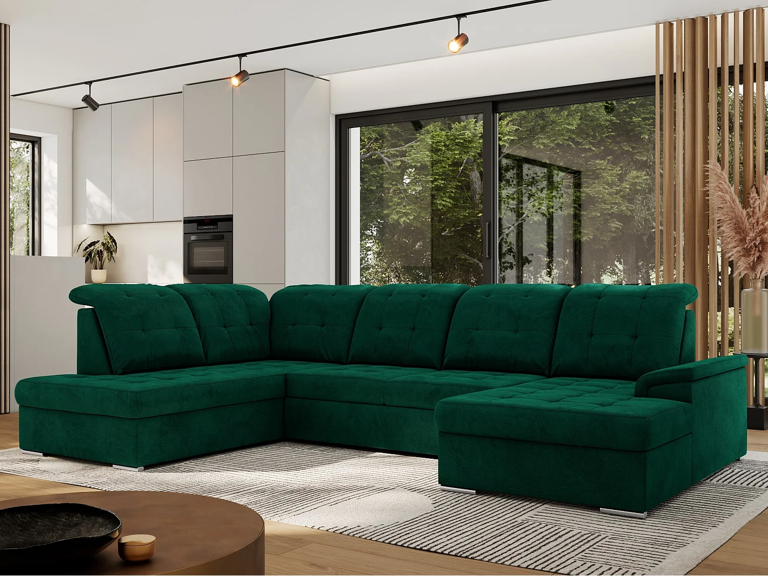 Ecksofa MADRITO U - mit verstellbarer Rückenlehne, Armlehne, L-förmige Ecke, Bettkasten - Dunkelgrün Velvet - Ecke Links