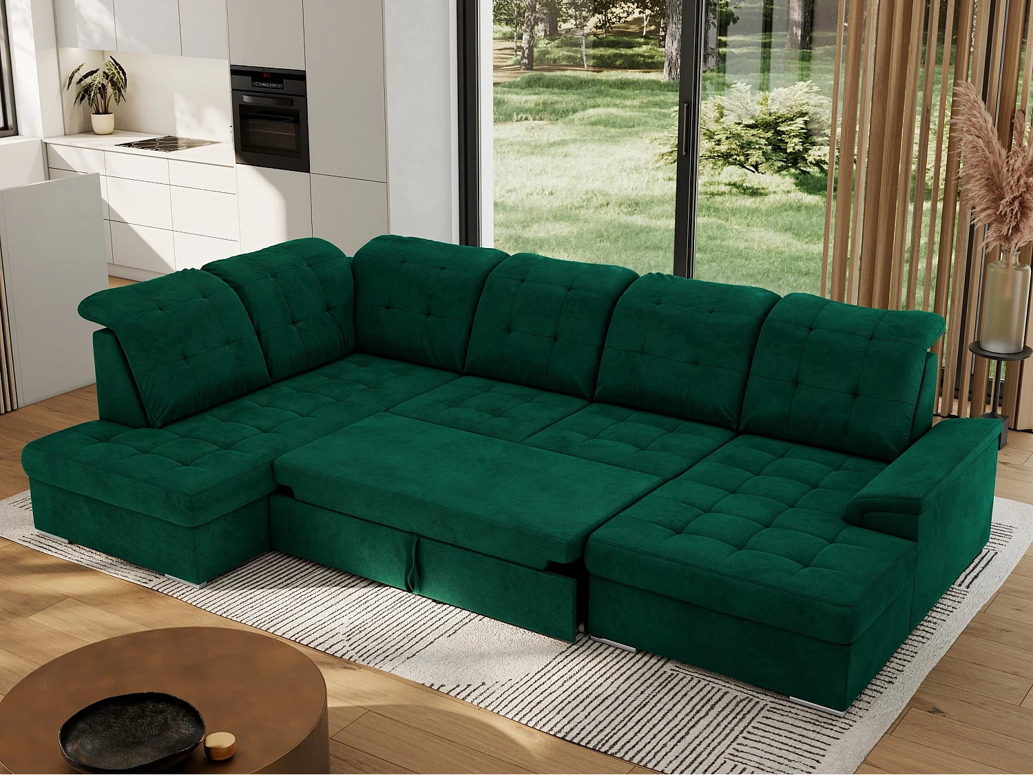 Ecksofa MADRITO U - mit verstellbarer Rückenlehne, Armlehne, L-förmige Ecke, Bettkasten - Dunkelgrün Velvet - Ecke Links