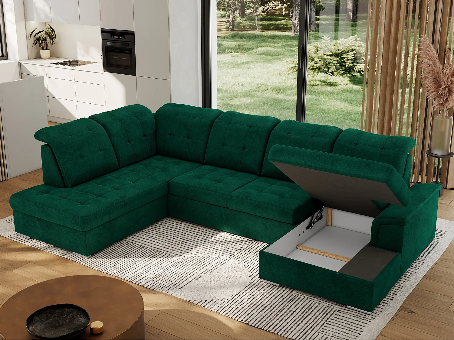 Ecksofa MADRITO U - mit verstellbarer Rückenlehne, Armlehne, L-förmige Ecke, Bettkasten - Dunkelgrün Velvet - Ecke Links