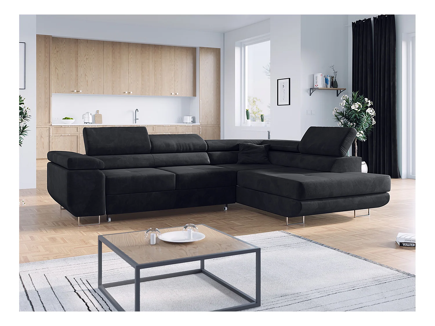 Ecksofa GUSTAW - mit Schlaffunktion, verstellbare Kopfstützen, Metallbeine - Graphitgrau Velvet - Ecke Rechts