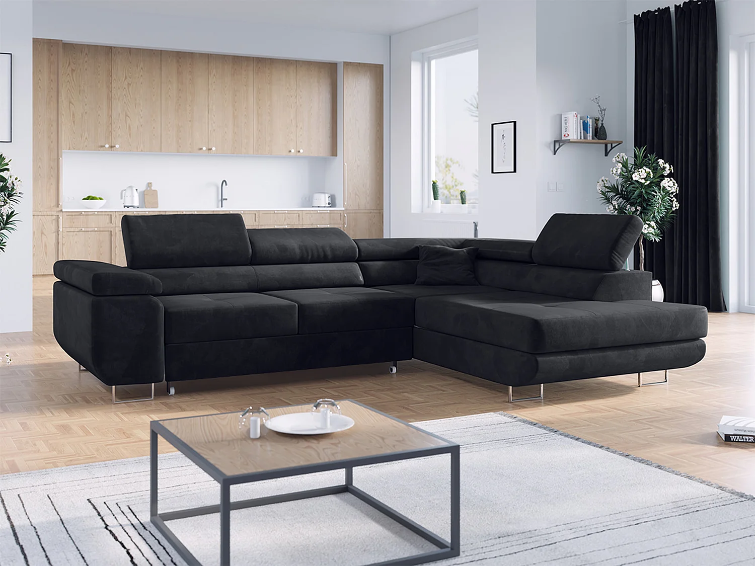 Ecksofa GUSTAW - mit Schlaffunktion, verstellbare Kopfstützen, Metallbeine - Graphitgrau Velvet - Ecke Rechts